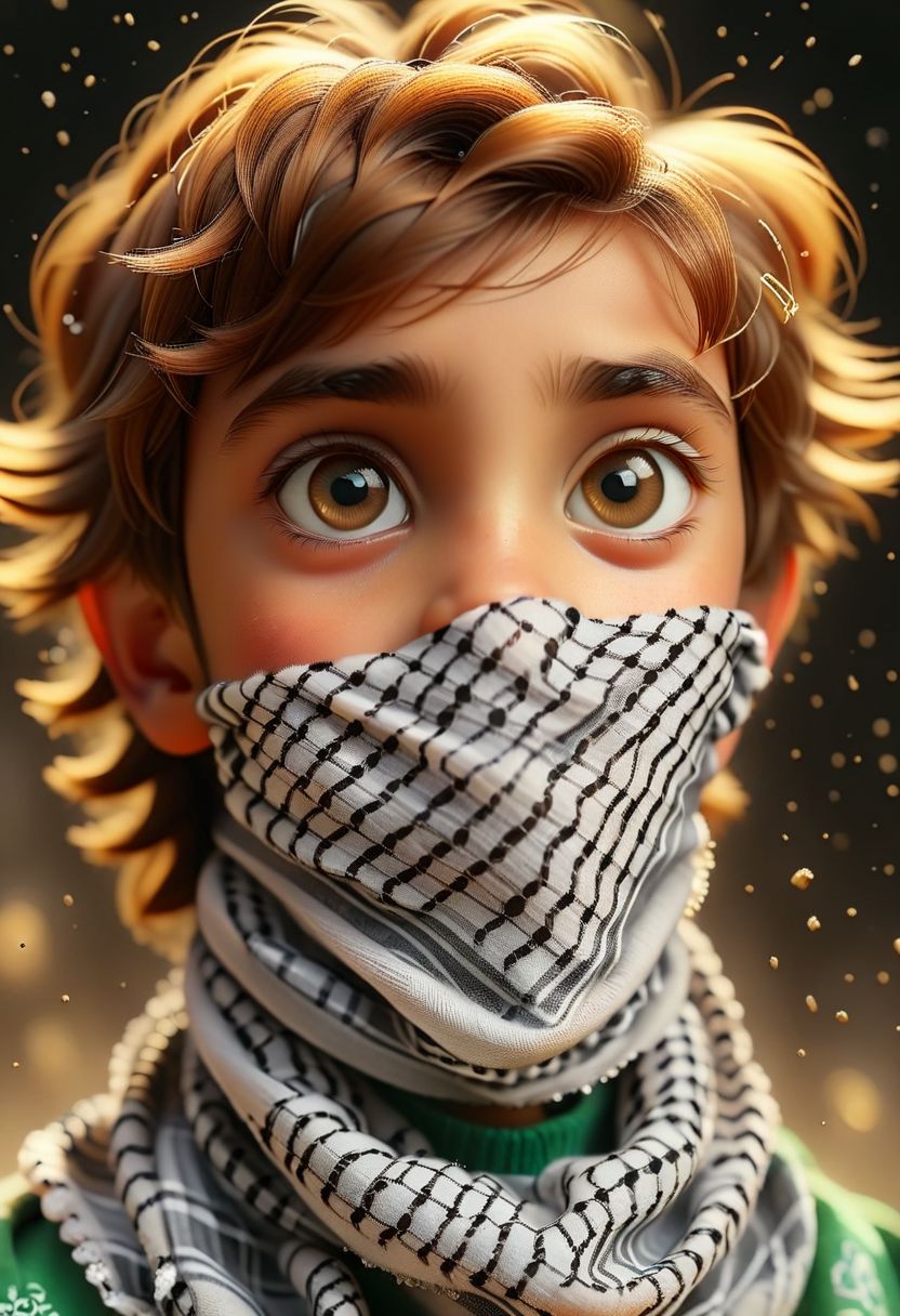 3d Animation film style big eyes and head Boy  Masked Palestine keffiyeh so keffiyeh ortrait friendship., particle volumetric dust <lora:STYLIZARD_v1:1.2> sharp focus, macro, micro, Chestnut Copper ambient, sub surface scattering, glow standing in Flutterfly Dreams - A young butterfly with big dreams sets off on a transformative adventure., particle volumetric dust <lora:STYLIZARD_v1:1.2> sharp focus, macro, micro, Bisque Gold ambient, sub surface scattering, glow