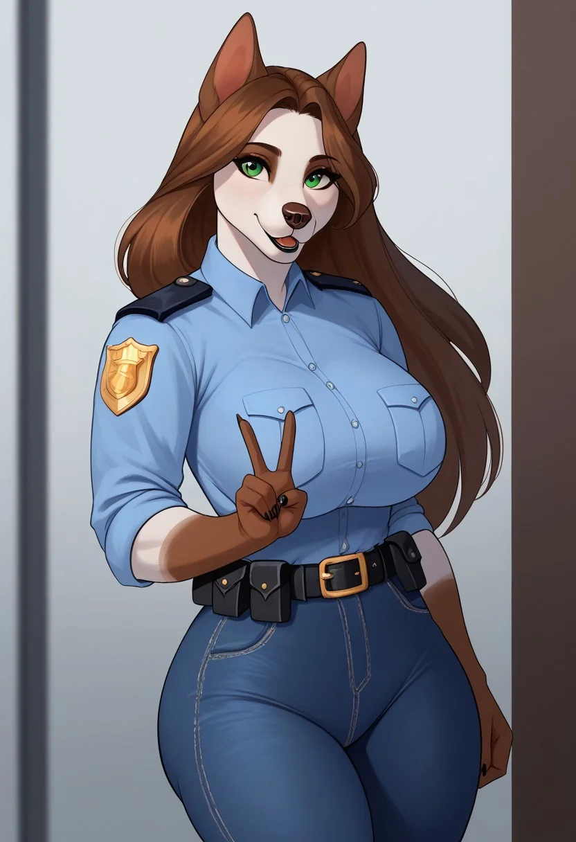 pancarta7_stylepxl, score_9, score_8_up, score_7_up, 1girl, anthro dog, solo, brown hair, long hair, white skin, green eyes, big breasts, big ass, BREAK, cute, looks at the viewer, police uniform, cute face, shows a peace sign, wide neckline, blue jeans, slightly tilted forward