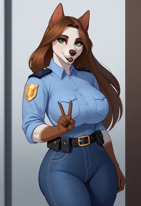 pancarta7_stylepxl, score_9, score_8_up, score_7_up, 1girl, anthro dog, solo, brown hair, long hair, white skin, green eyes, big breasts, big ass, BREAK, cute, looks at the viewer, police uniform, cute face, shows a peace sign, wide neckline, blue jeans, slightly tilted forward