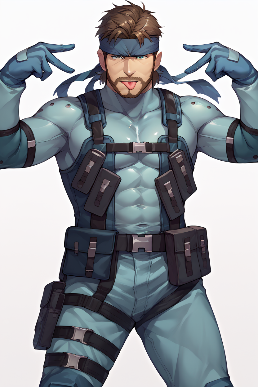 score_9, score_8_up, score_7_up, score_6_up, source_anime, BREAK 1boy, solo, white background <lora:solidsnake-pdxl-nvwls-v1:1> solidsnake,  headband, brown hair, beard, facial hair, blue bodysuit, gloves, harness, belt pouch, furrowed brow, mature male, manly  <lora:pose_aihoshinopose_ponyXL:1> aihoshinopose, double v, tongue out