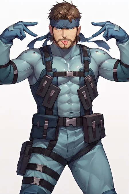 score_9, score_8_up, score_7_up, score_6_up, source_anime, BREAK 1boy, solo, white background <lora:solidsnake-pdxl-nvwls-v1:1> solidsnake, headband, brown hair, beard, facial hair, blue bodysuit, gloves, harness, belt pouch, furrowed brow, mature male, manly <lora:pose_aihoshinopose_ponyXL:1> aihoshinopose, double v, tongue out
