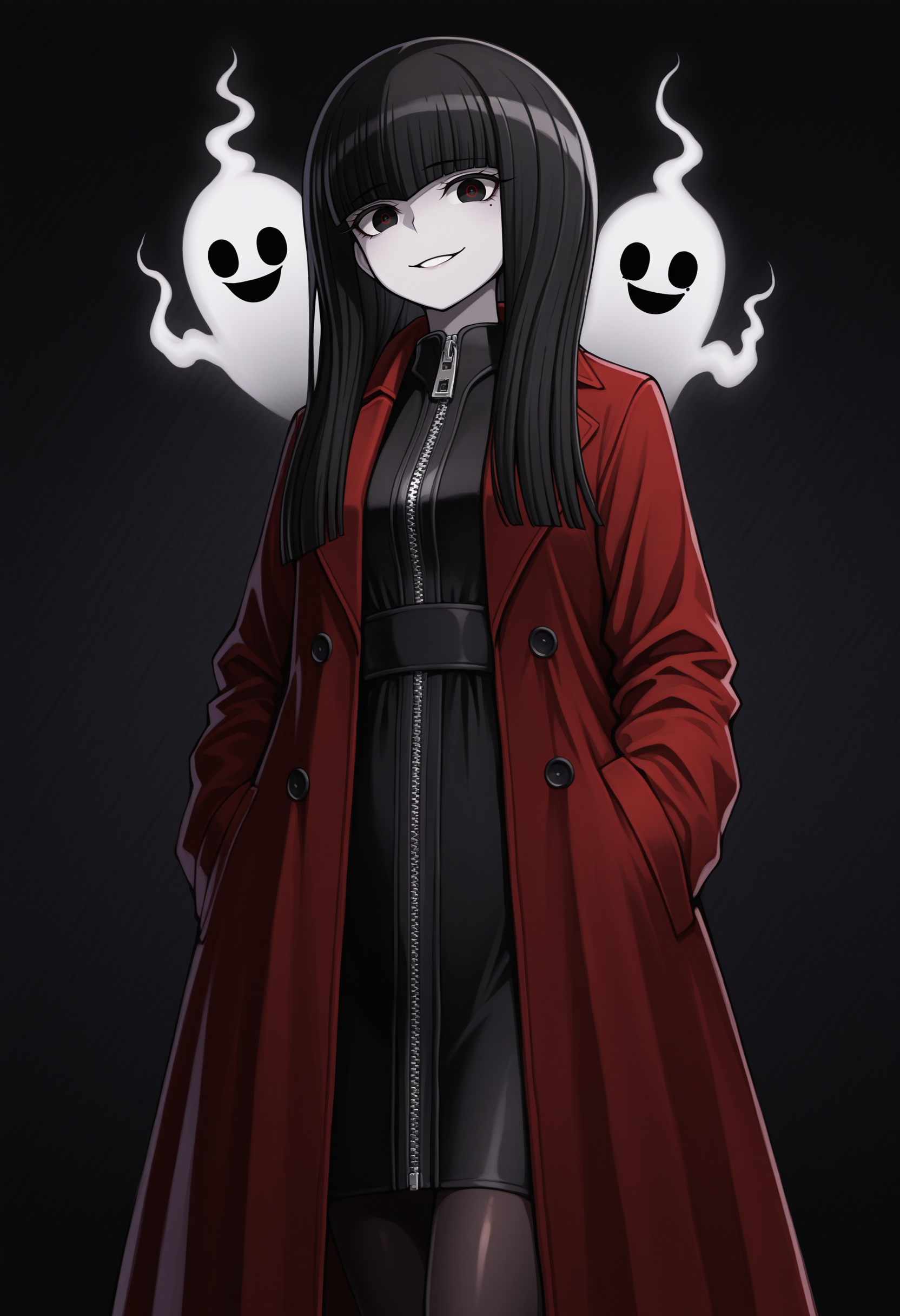 masterpiece, best quality, amazing quality,  BREAK <lora:ryor:1> rryo, 1girl, black eyes, red pupils, mole under eye, black hair, long hair, blunt bangs, hime cut,pale skin,red coat,long coat,long sleeves,buttons,black dress,zipper, pantyhose,black footwear,high heels,smile,dark background,ghost form,smiling,looking at viewer,standing,cowboy shot,horror\(theme\),abstract background,evil smile