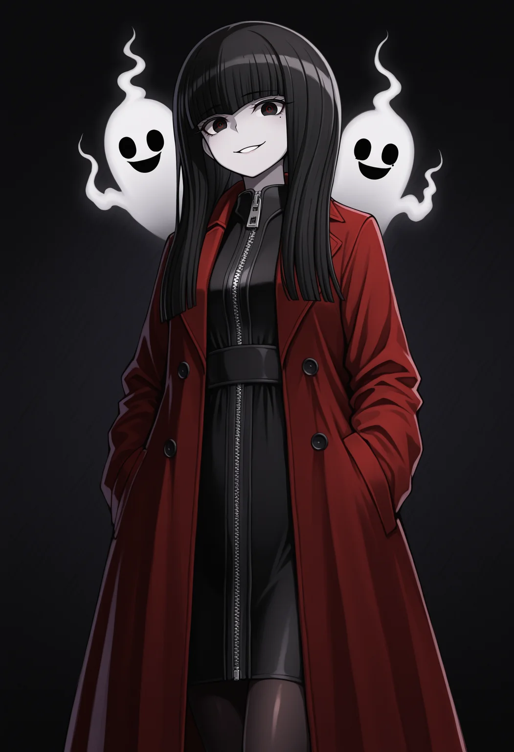 masterpiece, best quality, amazing quality,  BREAK <lora:ryor:1> rryo, 1girl, black eyes, red pupils, mole under eye, black hair, long hair, blunt bangs, hime cut,pale skin,red coat,long coat,long sleeves,buttons,black dress,zipper, pantyhose,black footwear,high heels,smile,dark background,ghost form,smiling,looking at viewer,standing,cowboy shot,horror\(theme\),abstract background,evil smile