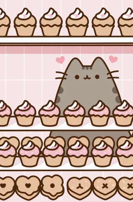 masterpiece, best quality,very aesthetic, bakery shop, heart-shaped cookies, cupcakes with sprinkles, pastel interior, cozy and sweet, Pusheen <lora:PusheenIXL:1>