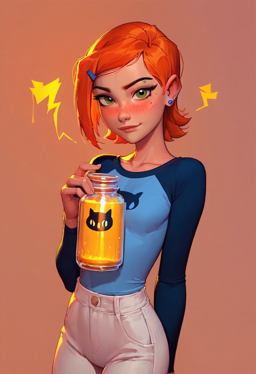 (score_9, score_8_up, score_7_up) 1girl, Gwen Tennyson, Ben 10, orange hair, green eyes, blush, looking at viewer, blue top, white leggins, clothed, shy, modest, beautiful, freckles, simple background, tip-jar with yellow liquid before self, happy, standing, jar with lightning symbol