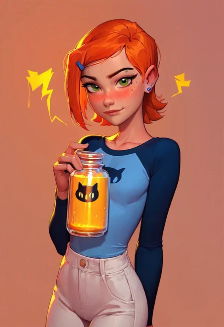 (score_9, score_8_up, score_7_up) 1girl, Gwen Tennyson, Ben 10, orange hair, green eyes, blush, looking at viewer, blue top, white leggins, clothed, shy, modest, beautiful, freckles, simple background, tip-jar with yellow liquid before self, happy, standing, jar with lightning symbol
