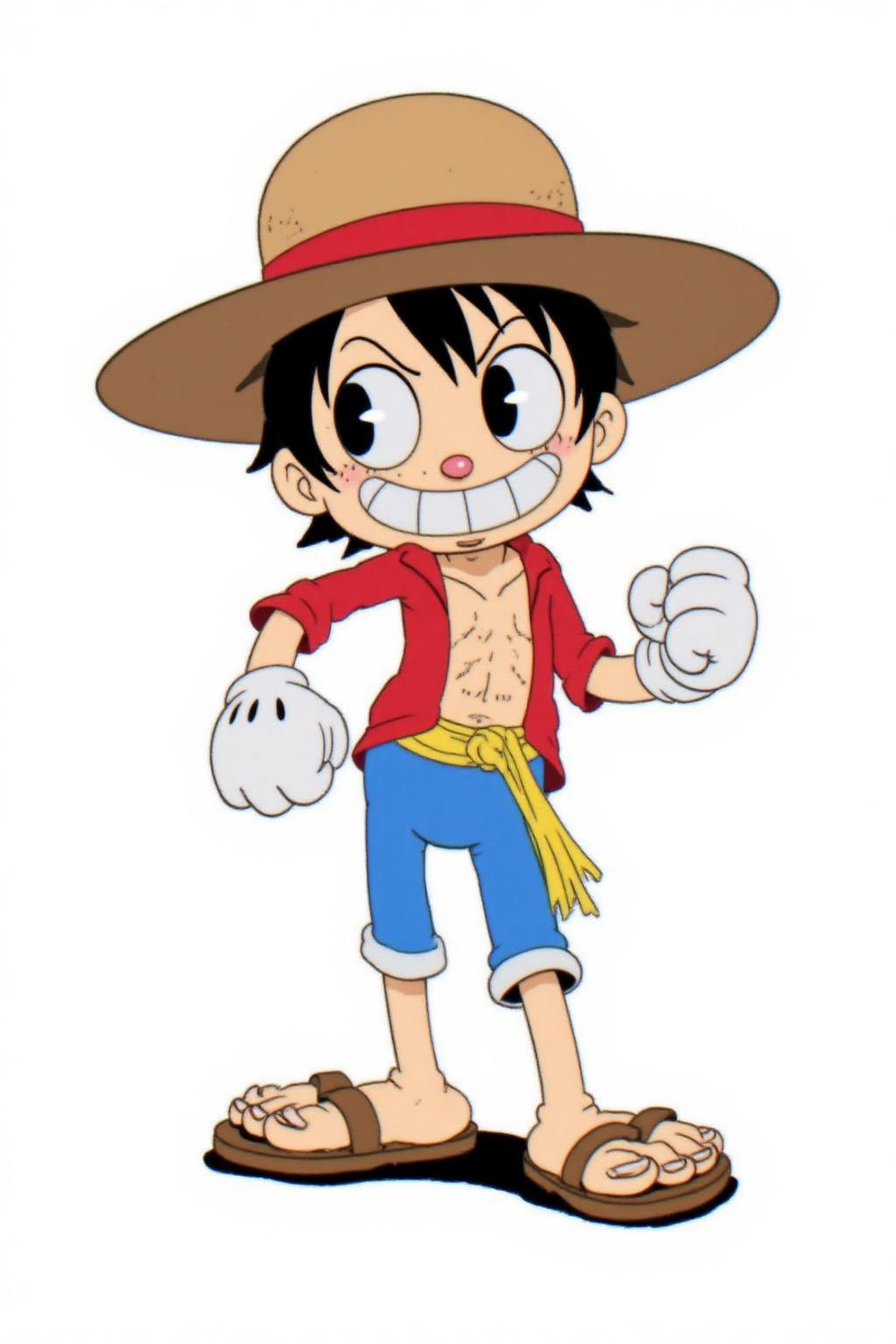 rubber hose animation style.
Monkey D. Luffy from the anime One Piece, with a large grin and spiky black hair. He wears a straw hat with a red band, a red open shirt, blue pants, and brown sandals.
 <lora:rubberhose1_cap_d8a4:1.0><lora:844388328703872739:0>