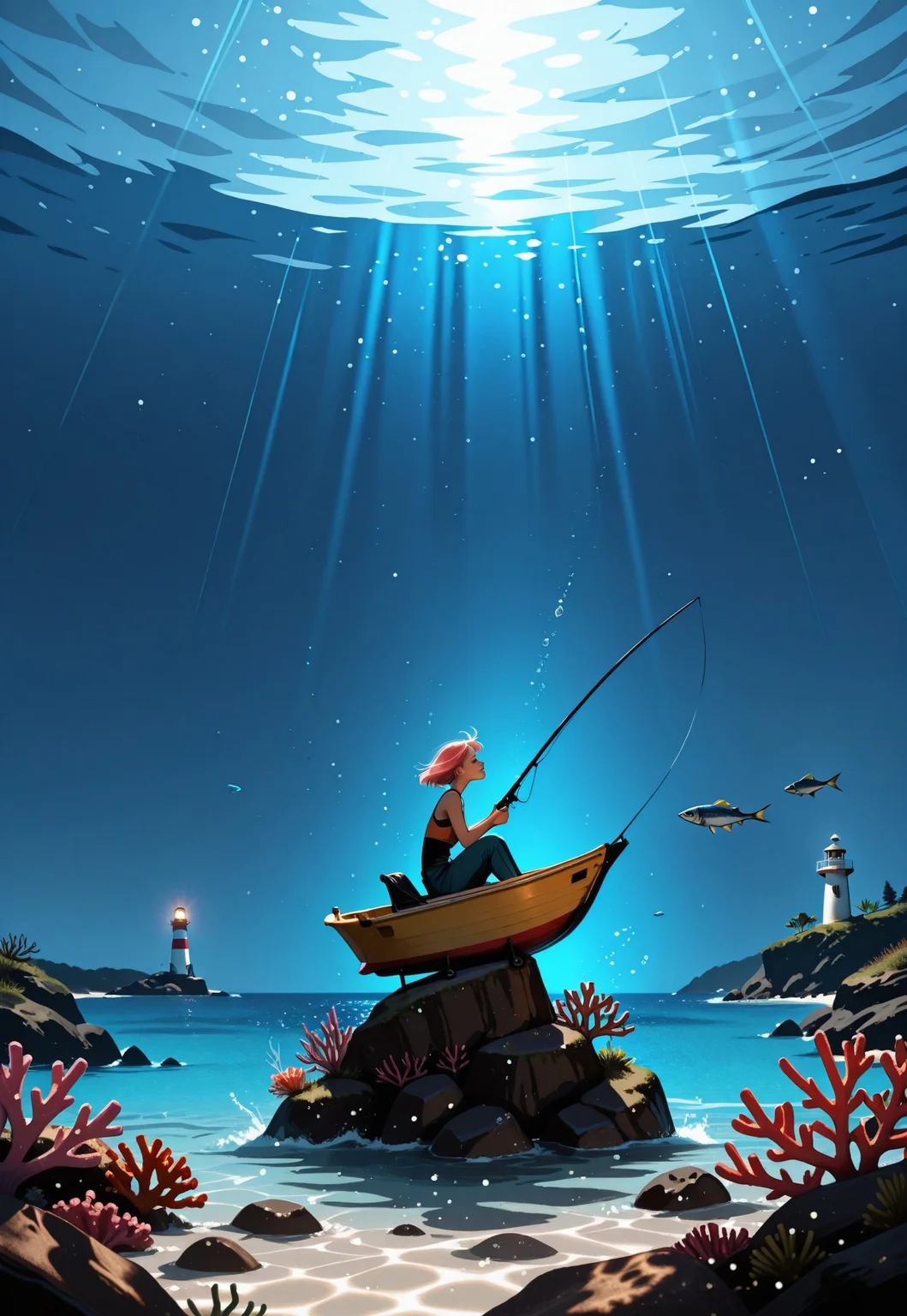 far shot, wide shot, diorama, two dimensional, composition split by water surface, top of composition is above water ocean shore, bottom of composition is underwater world on bottom, 1 fishing boat off the coast on the top section, 1girl sitting on fishing boat floating on the water, cross section of ocean, side view, see all the way to the bottom of the ocean, sea animals in the bottom half of the composition, rocky beach coastline in the middle of the composition, late evening, lighthouse on a hill at the very top of the composition, magical realism, cinematic lighting, volumetric lighting, photo background, ultra-detailed, absurdres, highres, hdr, 8k, masterpiece, best quality, very aesthetic, newest, wide shot
BREAK, volumetric lighting, dappled light, light particles, , cinematic lighting, photo,
easynegative,sykosanART , 748cmstyle, bottom half of picture underwater, air bubble, fish, submerged, coral, light rays, one point perspective,