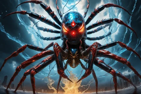 portrait of a gigantic spider,awardwinning, 8k, atmospheric,dramatic,godlike,superpowers,power surge,epic,representation of absolute power,dense particles in the atmosphere,in the style of aleksi briclot,sandra chevrier and mythsxl,<lora:mythsxl:1>