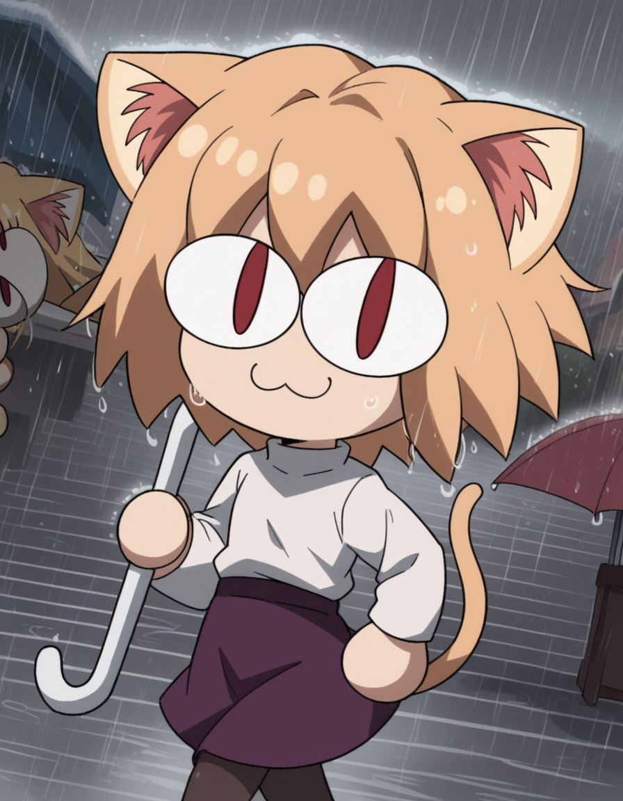 score_9, score_8_up, score_7_up, source_anime, <lora:carnivalphantasm-neco-arc-ova-ponyxl-lora-nochekaiser:1>, neco arc, short hair, blonde hair, red eyes, animal ears, tail, cat ears, chibi, cat tail, slit pupils,, skirt, pantyhose, sweater, purple skirt,, rainy day, umbrella, walking home, puddles, wet hair, smile, looking at viewer, smug, solo,, dutch angle, cowboy shot