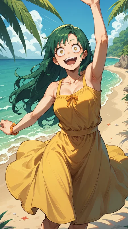 score_9,score_8_up,score_7_up,score_6_up, <lora:xl_more_art-full_v1:0.5>, source_anime, woman, dynamic pose, arching her back, <lora:Tomoko Shiretoko (Ragdoll) - Pony:0.8>, long hair, green hair, yellow eyes, yellow sundress, beach, summer, happy, constricted pupils, tropical,