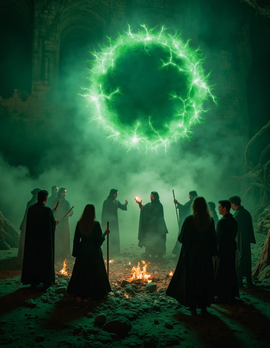 touch of verdigris style photograph, a circle of wizards is conjuring a spell, with magical energy crackling in the air, in the arcane style