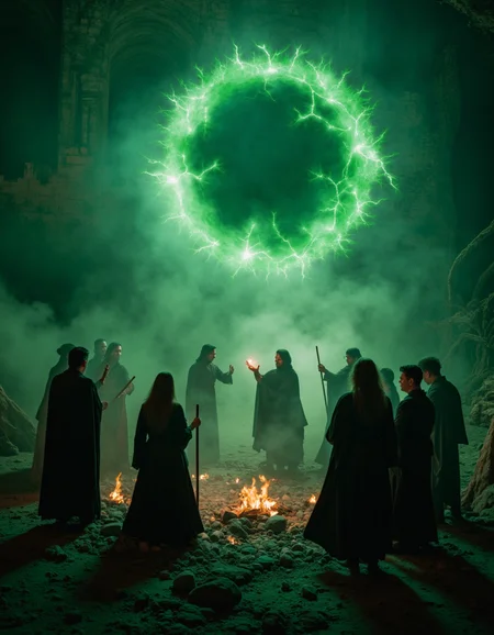 touch of verdigris style photograph, a circle of wizards is conjuring a spell, with magical energy crackling in the air, in the arcane style