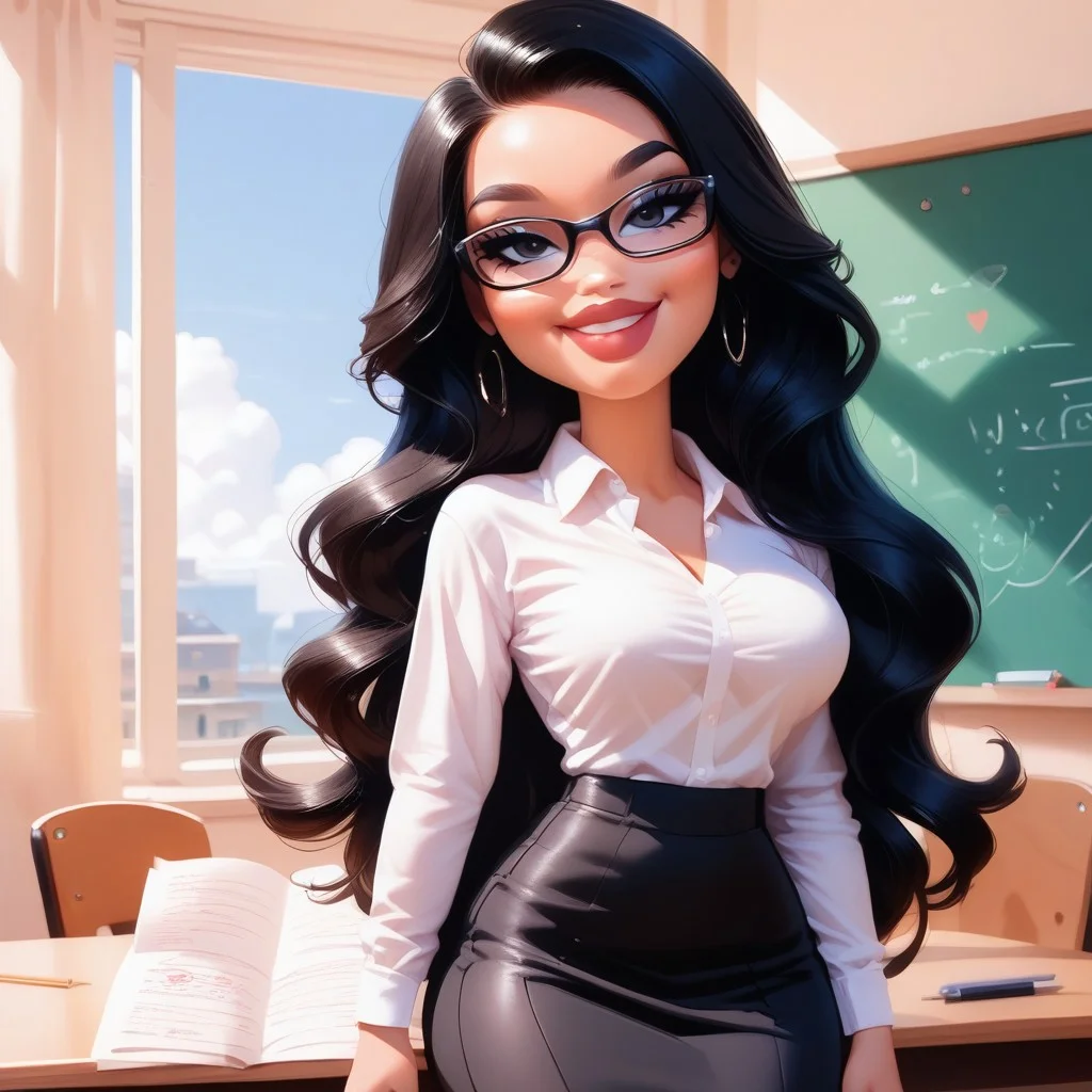 score_9, score_8_up, score_7_up, bratzxl, solo, 1girl, glasses, long hair, black hair, glasses, black eyes, smile, looking at viewer, medium breasts, tall woman, teacher, casual clothes, house background, masterpiece, detailed, Expressiveh