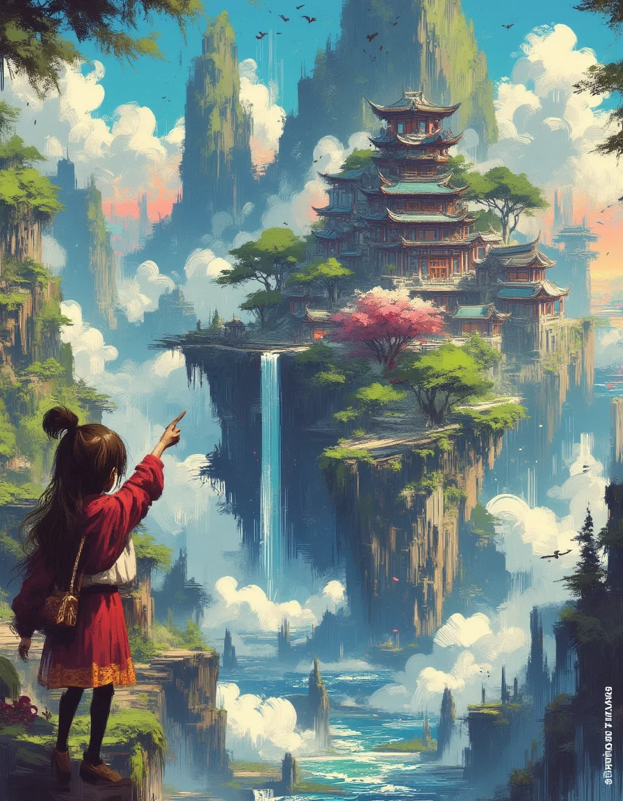A digital impressionist painting with bold brush strokes about the back silhouette of a girl and her dog standing on a cliff looking and pointing at a floating island above the clouds. A beautiful town in traditional Chinese style is built in the center of the island. Vines and waterfalls flow down into an ocean underneath the island. The sky is blue and the sun is shining.
