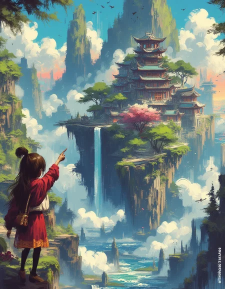 A digital impressionist painting with bold brush strokes about the back silhouette of a girl and her dog standing on a cliff looking and pointing at a floating island above the clouds. A beautiful town in traditional Chinese style is built in the center of the island. Vines and waterfalls flow down into an ocean underneath the island. The sky is blue and the sun is shining.