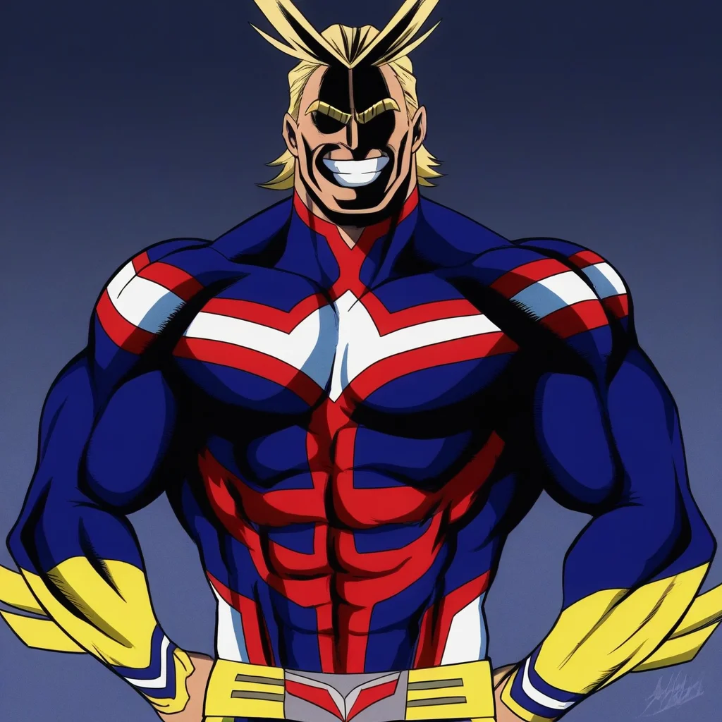 all-might, blonde hair, grin, antenna hair, superhero, muscular, body suit, male focus, solo, black covered eyes rough shadows