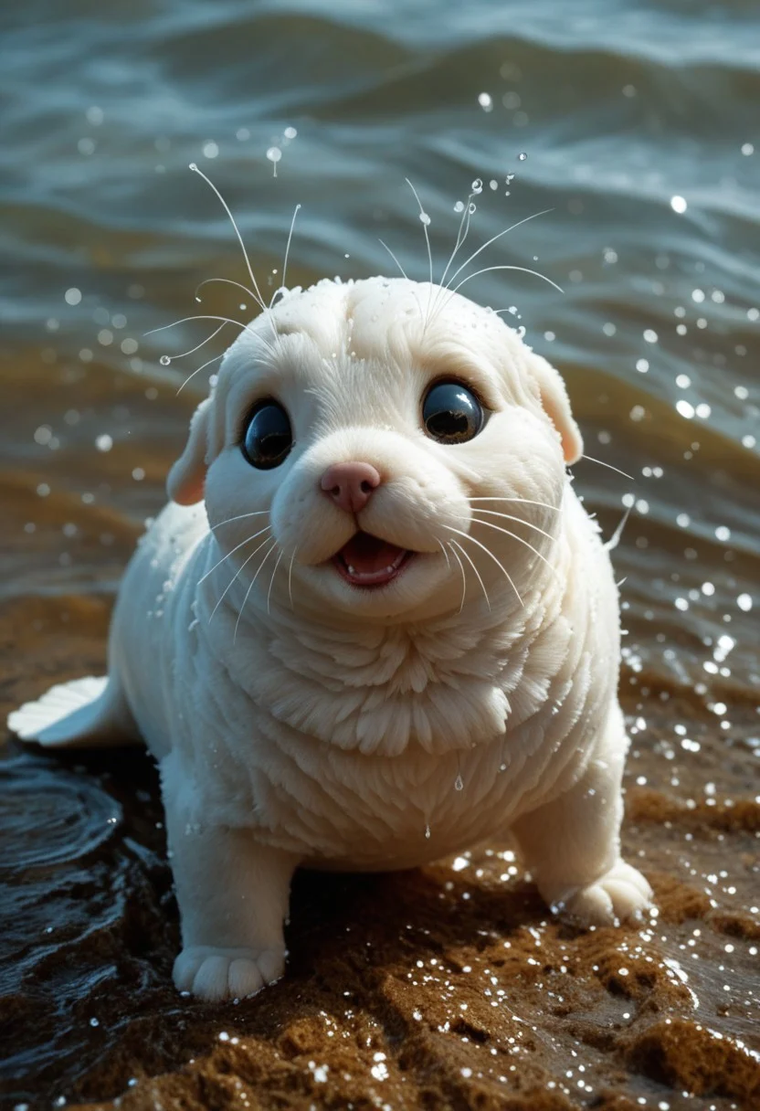 "Seal Pupigeon" - A Puppy with a Magical Twist
This adorable hybrid is primarily a puppy, with irresistible features enhanced by the charm of a seal and a pigeon. Its fluffy, velvety fur is mostly creamy white with golden and gray undertones, giving it a soft, seal-like sheen. Its big, soulful puppy eyes glisten with curiosity and playfulness, framed by faint lashes that amplify its cuteness.
The rounded head sports subtle pigeon feather tufts, blending seamlessly with its floppy puppy ears. A tiny, wet nose and a slightly open mouth reveal its playful, puppy-like demeanor. Its small, sturdy body is accented by short, flipper-like paws and folded pigeon wings that nestle softly against its fur, adding a whimsical, fantastical touch.
The scene is a sunny meadow by a coastal tide pool, where the puppy hybrid wags its stubby tail and gazes at the shimmering water. Vibrant wildflowers and smooth pebbles surround it, while sunlight highlights every detail of its glossy coat and delicate features. This photorealistic creation captures the magical essence of a puppy reimagined with a hint of fantasy.
Keywords/Tags: Hyper-Realistic, Hybrid Animal, Puppy-Bunny-Squirrel, Adorable, Fluffy, Photorealism, Nature, Whimsical, Magical Creature, Realistic Fantasy, Innocent and Playful.