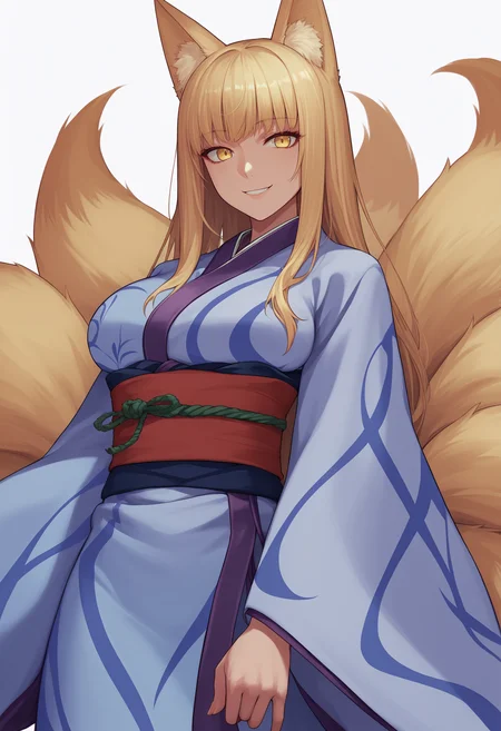 score_9, score_8_up, score_7_up, source_anime BREAK 1girl, solo, <lora:kitsune-mge-richy-v1_pdxl:1> inari, yellow eyes, fox ears, fox tail, multiple tails, blonde hair, long hair, large breasts, blue kimono, sash, looking at viewer, smile