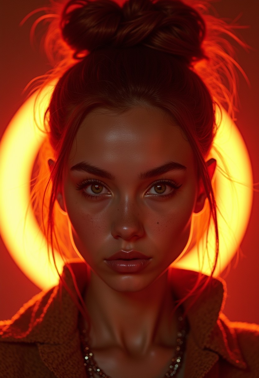 Vibrant Rim Light, female hinn, Mythical creatures similar to jinn, shape-shifting abilities, invisible,  associated with various natural phenomena, benevolent, deeply woven into Middle Eastern folklore, youth, brawny, indigenous australian, dark green eyes, angular cheeks, sloping forehead, diamond face shape, red messy bun hair, communicating with spirits through subtle gestures and movements, otherworldly glow, bright rim light, high contrast, bold edge light