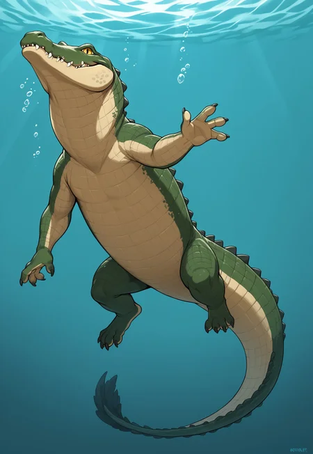 CrocodileLora, score_9, score_8_up, score_7_up, score_6_up, score_5_up, score_4_up, source_furry, source_cartoon, hi res, sfw, solo, 1boy, no humans, 2D artwork, cartoon style, digital art,
Crocodile, crocodilian, scalie, feral, dark scales, green scales,
sharp teeth, large jaw, yellow eyes, small crocodile, long body, long neck, 5 fingers, 4 toes, short arms, short legs, webbed feet, ridged tail, long tail, ridged back,
underwater, swimming, happy expression, looking at a fish, cute,
full body,
aqua background, on water, water,