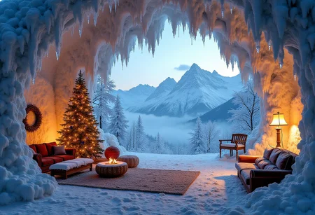 A Christmas living room nestled inside the jaws of a giant snow dragon, with icy walls refracting light like prisms, the dragon’s glowing, warm breath acting as a fire, and an epic view of a frosted mountain range visible through its open mouth.