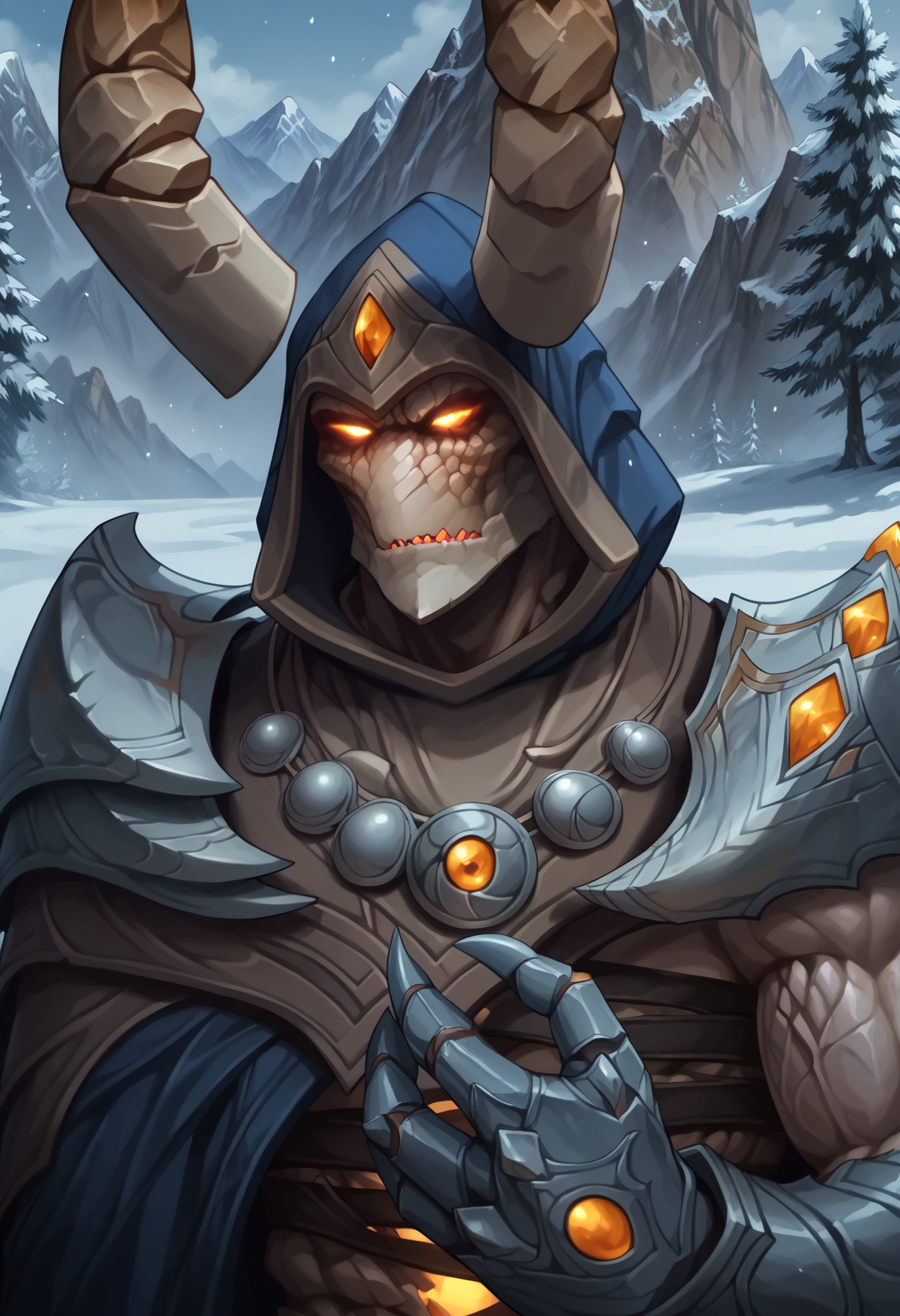 zPDXL3, score_9_up, score_8_up, score_7_up, (detailed face, detailed body, detailed background, perfect hands, perfect anatomy, masterpiece, high quality, best quality), rating_safe, digital media \(artwork\), snow, mountain, portrait, close-up BREAK iridikron, monster, rock body, horns, hood, glowing eyes, hand, 4 fingers, muscular, serious <lora:detailed_notrigger:1> <lora:Iridikron_WoW_V1:1> <lora:1dkXLP:0.3>  <lora:Expressive_H:1>