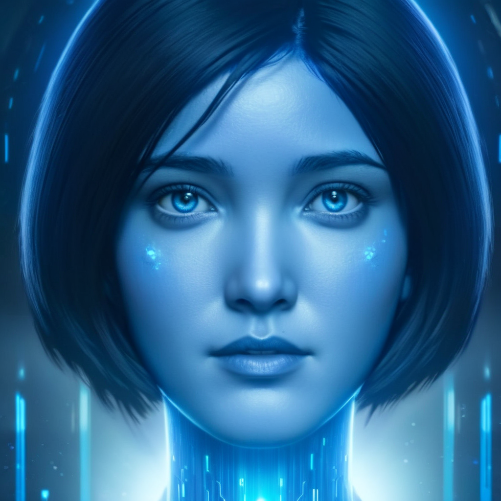 Advertising poster style,  <lora:Cortana Halo:1.2>
Cortana Halo a fictional artificially intelligent woman character in the Halo video game series with black hair and blue eyes, Professional, modern, product-focused, commercial, eye-catching, highly detailed
