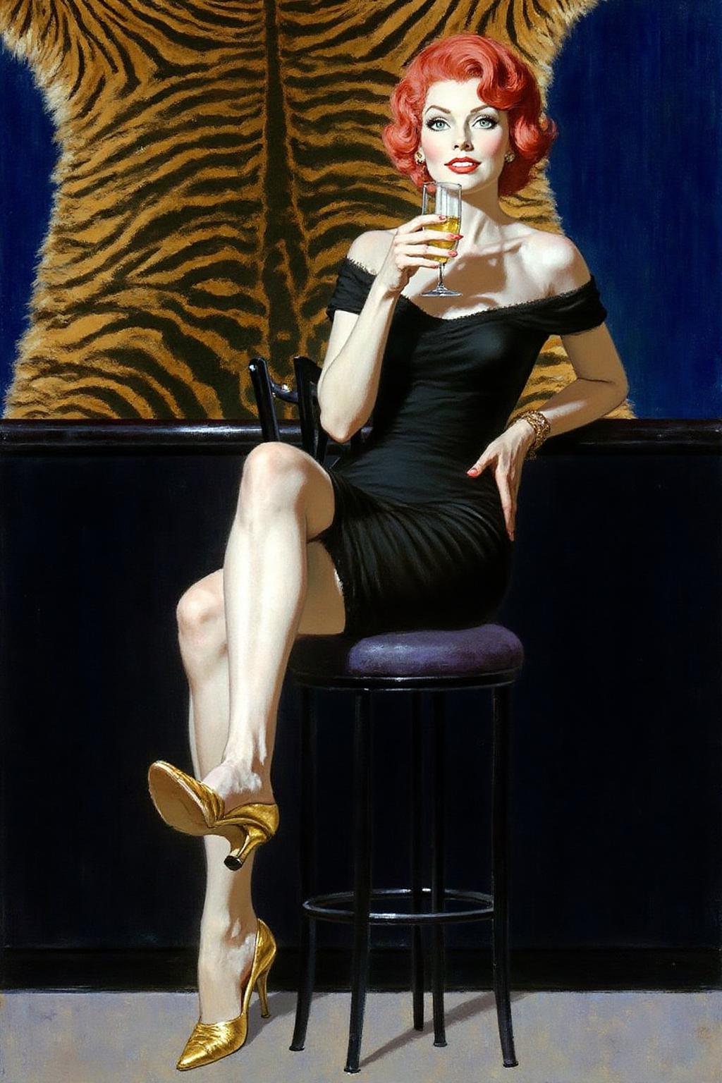 robmc1 illustration. 
a vibrant red-haired woman, dressed in a black dress, is seated on a black stool. She is holding a champagne glass in her right hand, her left hand resting on her hip. Her left foot is encased in gold high-heeled shoes, adding a touch of contrast to the scene. There is a tiger skin on the wall behind her. <lora:robmc1_cap_d6a3e12:1.0><lora:820303389058635190:0>