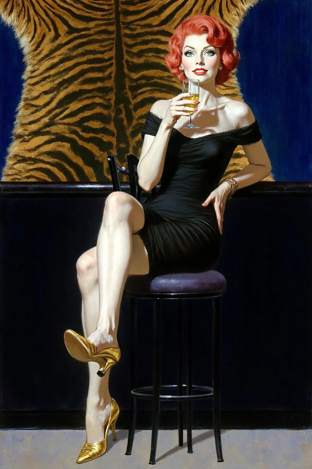 robmc1 illustration.
a vibrant red-haired woman, dressed in a black dress, is seated on a black stool. She is holding a champagne glass in her right hand, her left hand resting on her hip. Her left foot is encased in gold high-heeled shoes, adding a touch of contrast to the scene. There is a tiger skin on the wall behind her. <lora:robmc1_cap_d6a3e12:1.0><lora:820303389058635190:0>