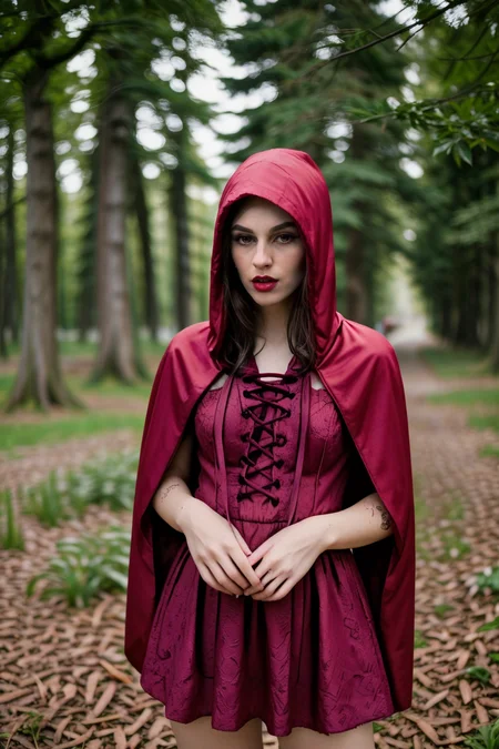 <lora:LCM_LoRA_Weights_SD15:1>,<lora:detail_slider_v4:1.3>,(playful red riding hood) 25year old adult (Women:1.3), , slim build, medium blonde hair, mexican, pale skin, wearing a dark red hooded cape, lace-up bodice, decorative petticoat, mary janes, black eyeshadow, floral hairpin,red ribbon, set in a sunny forest clearing, with wildflowers, tall grasses, butterflies, a gentle breeze, during sunset,(full body:1.3),(full shot:1.3),(wide shot:1.3),(full body portrait:1.3),dutch angle:1.1,night photography, nocturnal beauty, city lights, starry skies, celestial wonders, moonlit landscapes, urban glow, capturing the essence of darkness, ethereal atmosphere, dramatic shadows, magical ambiance, long exposure techniques, expert use of light sources,
