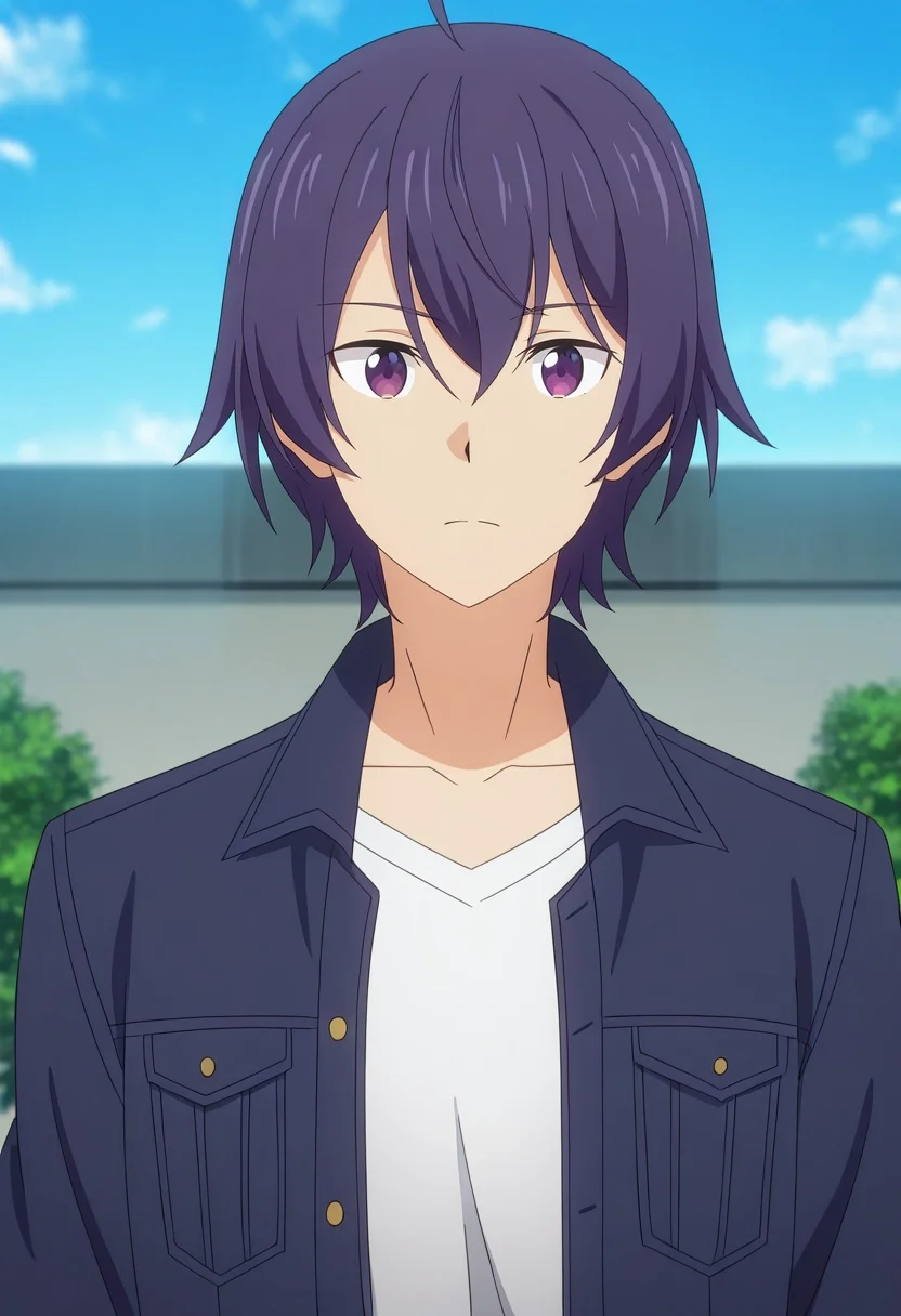 masterpiece, best quality, , anime screencap, anime coloring, official style,, 1boy, solo, male focus, <lora:shin_wolford_ilxl:0.98>, shin_wolford, purple hair, purple eyes, short hair, ahoge, hair between eyes, ,
