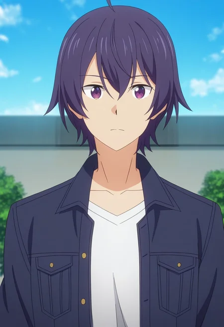 masterpiece, best quality, , anime screencap, anime coloring, official style,, 1boy, solo, male focus, <lora:shin_wolford_ilxl:0.98>, shin_wolford, purple hair, purple eyes, short hair, ahoge, hair between eyes, ,