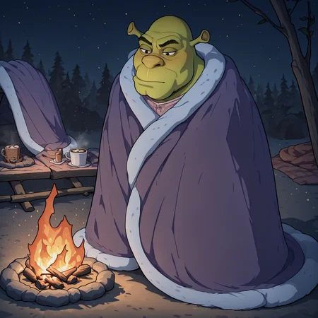 masterpiece, best quality, newest, absurdres, highres, blanket, under covers, <lora:CozyBlanket_illusXL_Incrs_v1:1>, pajamas, alternate costume, <lora:Shrek_illusXL_Incrs_v1:0.8> shrek, bald, green skin, campfire, hot chocolate,