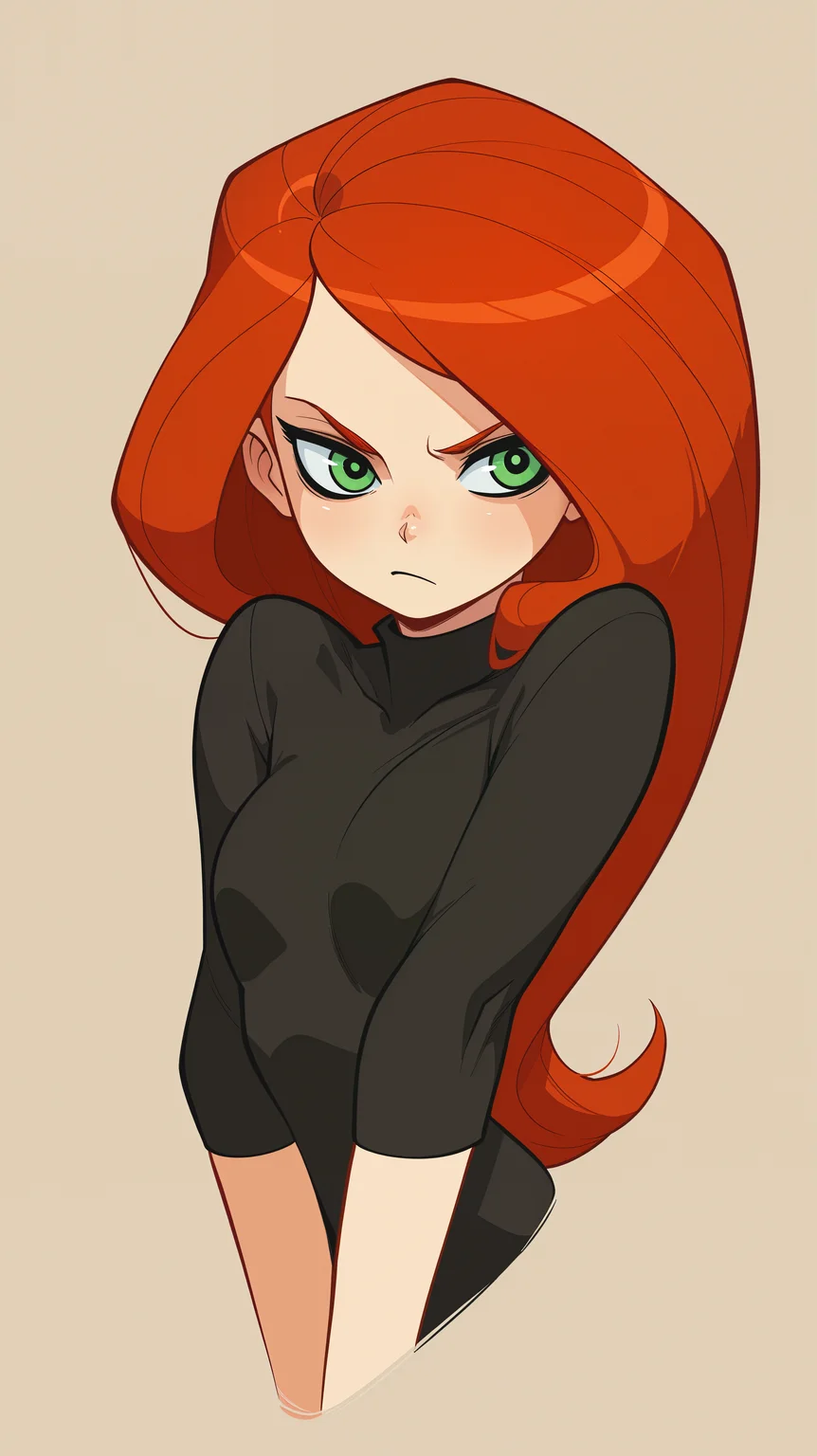 masterpiece, best quality, amazing quality, girl, <lora:Crestyle_Illu_epoch_15:0.8>, Crestyle, dynamic pose, showing indifference, kim possible \(series\), simple background, upper body, portrait, red hair, long hair, black top, green eyes, bust, solo,