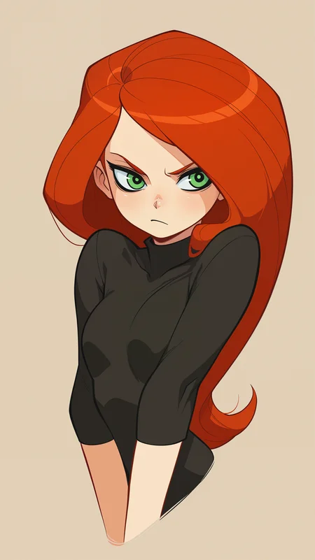 masterpiece, best quality, amazing quality, girl, <lora:Crestyle_Illu_epoch_15:0.8>, Crestyle, dynamic pose, showing indifference, kim possible \(series\), simple background, upper body, portrait, red hair, long hair, black top, green eyes, bust, solo,