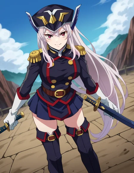 score_9, score_8_up, score_7_up, source_anime,
kyoukauzen, <lora:kyouka-uzen-s1-ponyxl-lora-nochekaiser:1>
kyouka uzen, long hair, red eyes, very long hair, white hair,
thighhighs, gloves, hat, boots, belt, sword, uniform, zettai ryouiki, military, military uniform, thigh boots, shako cap,
outdoors, wasteland, bent over, smile,
looking at viewer, cowboy shot, dutch angle, solo,