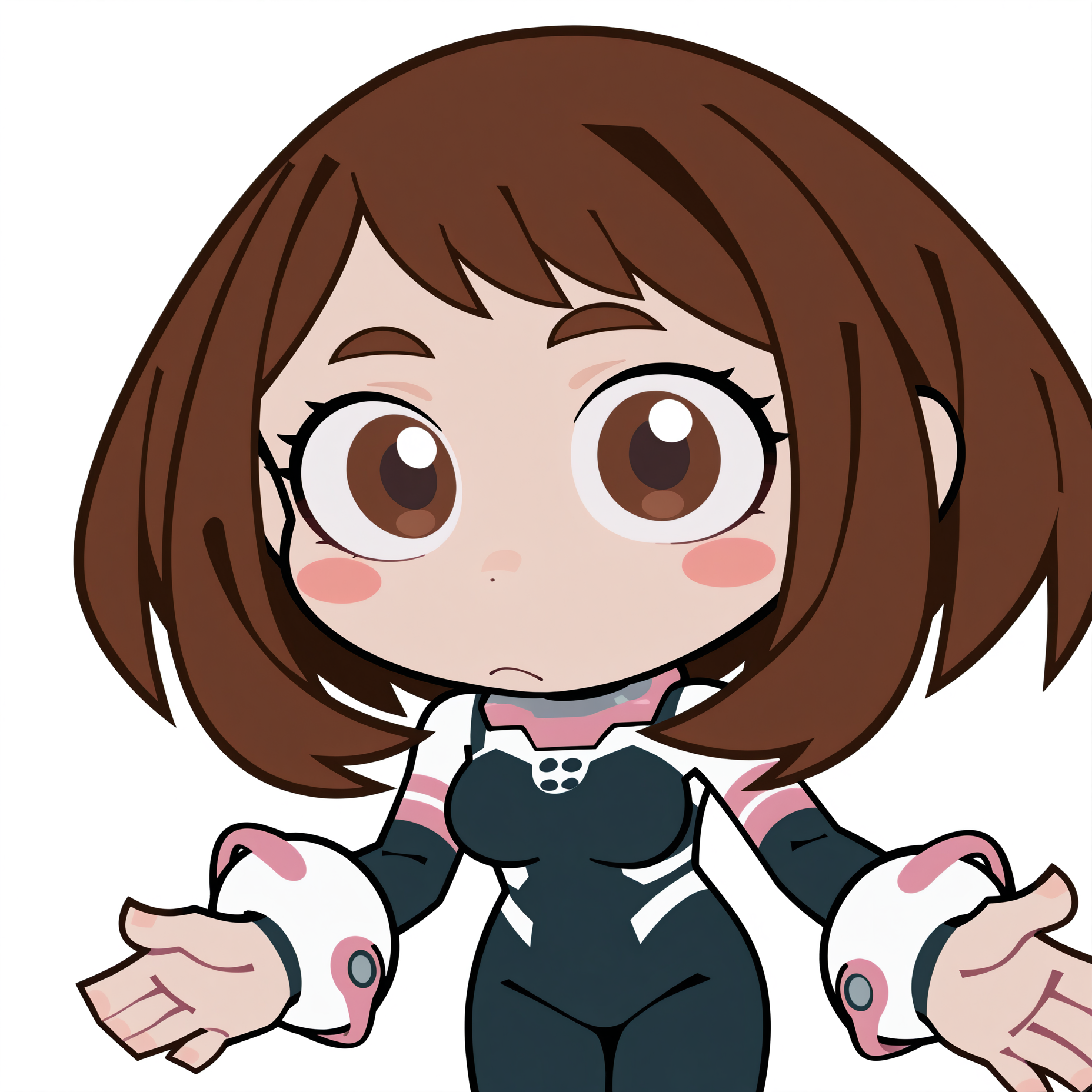 highres, hi res, best quality, masterpiece, 2d,
1girl, eyelashes, nose, blush, blush stickers, brown eyes, brown hair, short hair, uraraka ochako,
bodysuit, plugsuit, 
cowboy shot, looking at viewer, chibi, meme, parody, flat color,
depth of field, white background, simple background, <lora:ZZZ_Stroll_Sticker_ILXL:1>,