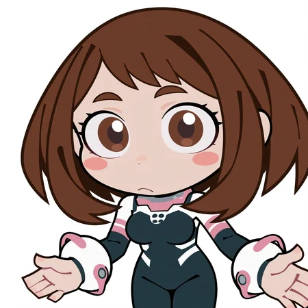 highres, hi res, best quality, masterpiece, 2d,
1girl, eyelashes, nose, blush, blush stickers, brown eyes, brown hair, short hair, uraraka ochako,
bodysuit, plugsuit,
cowboy shot, looking at viewer, chibi, meme, parody, flat color,
depth of field, white background, simple background, <lora:ZZZ_Stroll_Sticker_ILXL:1>,