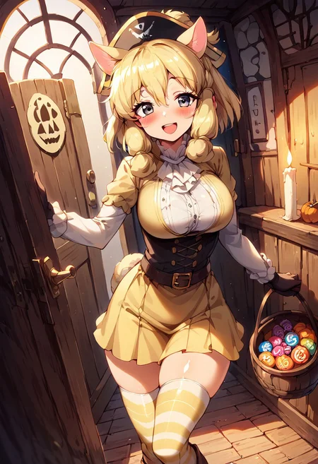 1girl, ((solo)), best quality, ultra-detailed, extremely detailed, perfect anatomy, masterpiece, score_9, score_8_up, score_7_up, Expressiveh, alpaca suri (kemono friends), alpaca ears, hair over one eye, bangs, blonde hair, grey eyes, sidelocks, hair tubes, hair bun, tail, short hair, horizontal pupils, outdoors, neighborhood, trick-or-treating, pumpkins, candles, halloween, trick-or-treater, holding halloween basket, candy basket, front_door, open door, standing at the front door, viewer pov, pirate, light-yellow pirate hat, (pirate hat:1.1), light-yellow pirate outfit, light-yellow blouse, light-yellow skirt with trim, light-yellow thighhighs, thighhighs, striped thighhighs, striped gloves, thigh squish, fully clothed, pirate gloves, pirate boots, belt, accessories, white trimmed sleeves, white trim, curvy, medium breasts, blushing, looking at viewer, soft blush, open mouth smile, cute look, full-portrait shot, fur trim thighhighs, (dutch angle:1.1), depth-of-field, ears sticking out of hat, thobrine, shiny skin, yellow eyepatch, (eyepatch:1.1), pirate_eyepatch,