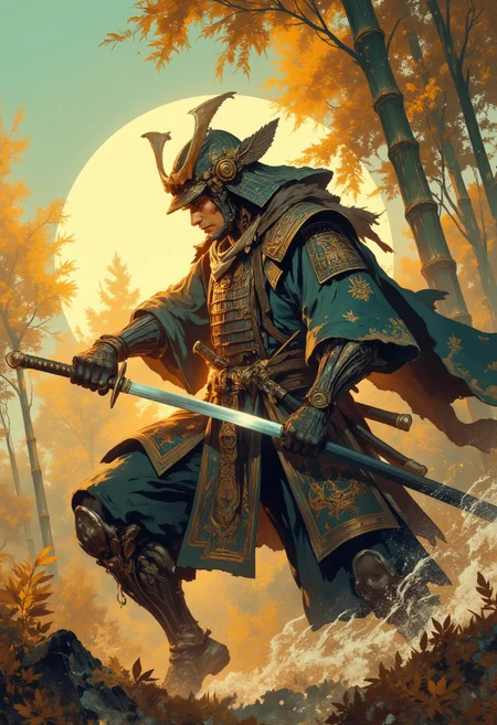 An evocative digital illustration depicting a disciplined samurai warrior locked in a fierce duel at dawn within an atmospheric bamboo forest. He lunges forward dynamically, his curved blade reflecting the soft golden morning light filtering through misty foliage, casting gentle yet sharp contrasts across his intricately detailed armor dyed in muted shades of indigo and jade green fabrics layered beneath polished steel plates. His expression is fiercely focused beneath a traditional kabuto helmet adorned with subtle decorative motifs. The background features tall bamboo stalks swaying gently in the morning breeze, diffusing shafts of warm sunlight that create rhythmic patterns on the forest floor, emphasizing both tension and tranquility within this decisive moment. Historical fantasy aesthetic, warm dawn lighting, intense poised combat stance.
Intricate linework with expressive contrasts, low-key lighting with cool shadows dynamic highlights. In the style of ff-td, DB4RZ, DB4RZ style painting