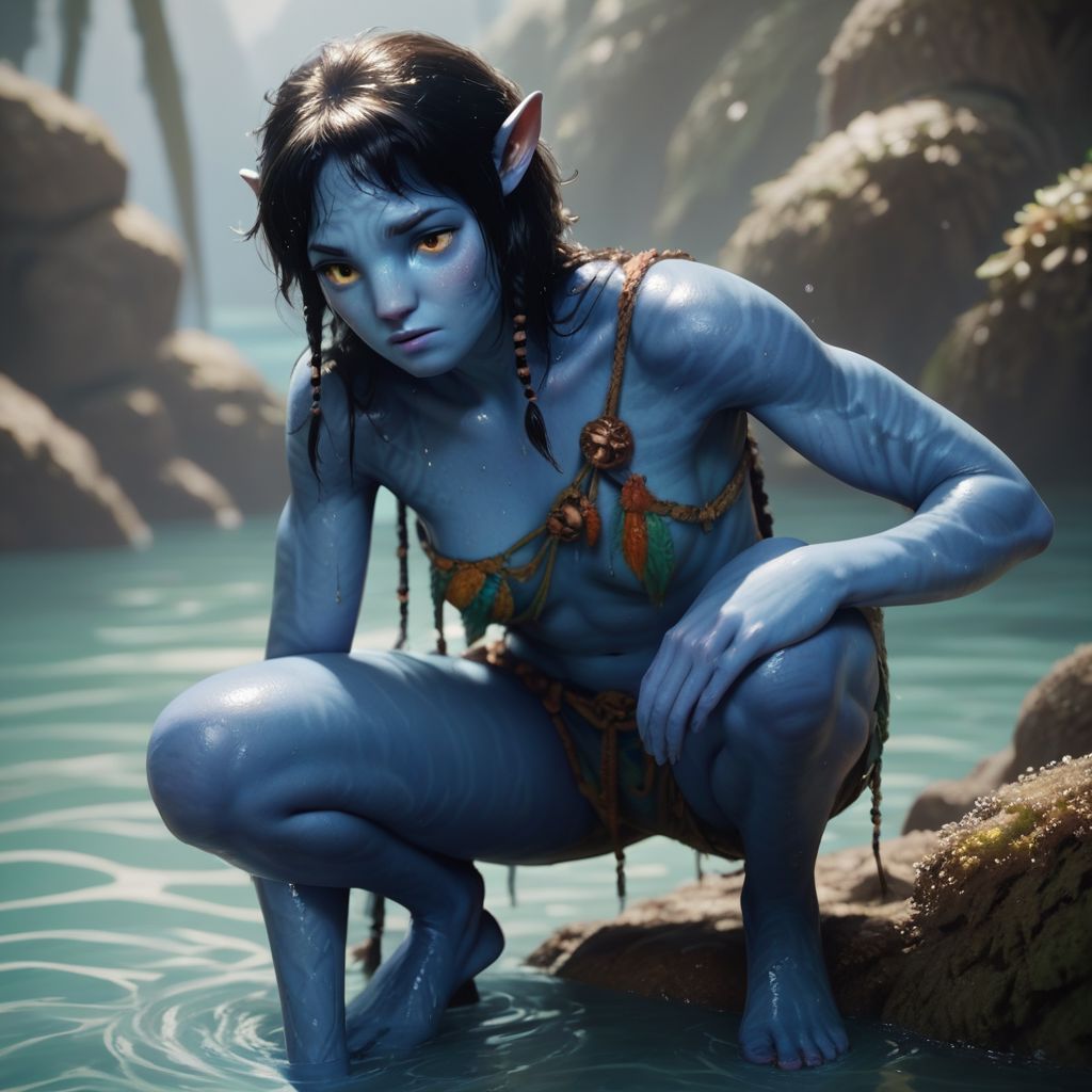 score_9, score_8_up, score_7_up, score_6_up, score_5_up, score_4_up, 1girl, Kiri, blue skin, in shallow water, crouching