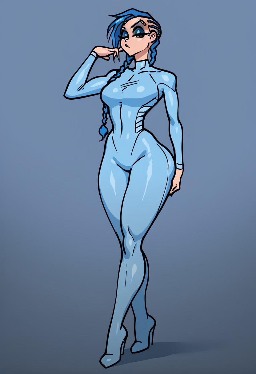 score_9, score_8_up, score_7_up, anna, fellatrix style,
solo,1girl ,breasts, braid, blue hair, long hair, braid,great shading,,open eyes, eyeshadow, blue eyeshadow,makeup,, eyebrow piercing, piercing, 
blue motosuit, 
standing pose, looking at viewer, full body
gray background,
