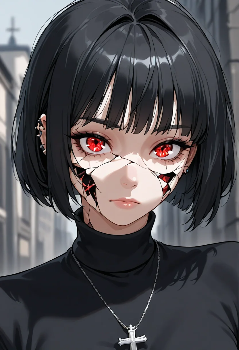 gthan, 1girl, solo, short hair, black hair, jewelry, looking at viewer, necklace, cross, portrait, bangs, red eyes, closed mouth, turtleneck, blurry background, cross necklace, lips, piercing, blurry, bob cut, eyelashes,cracked skin, <lora:ya_cracked_skin :1>