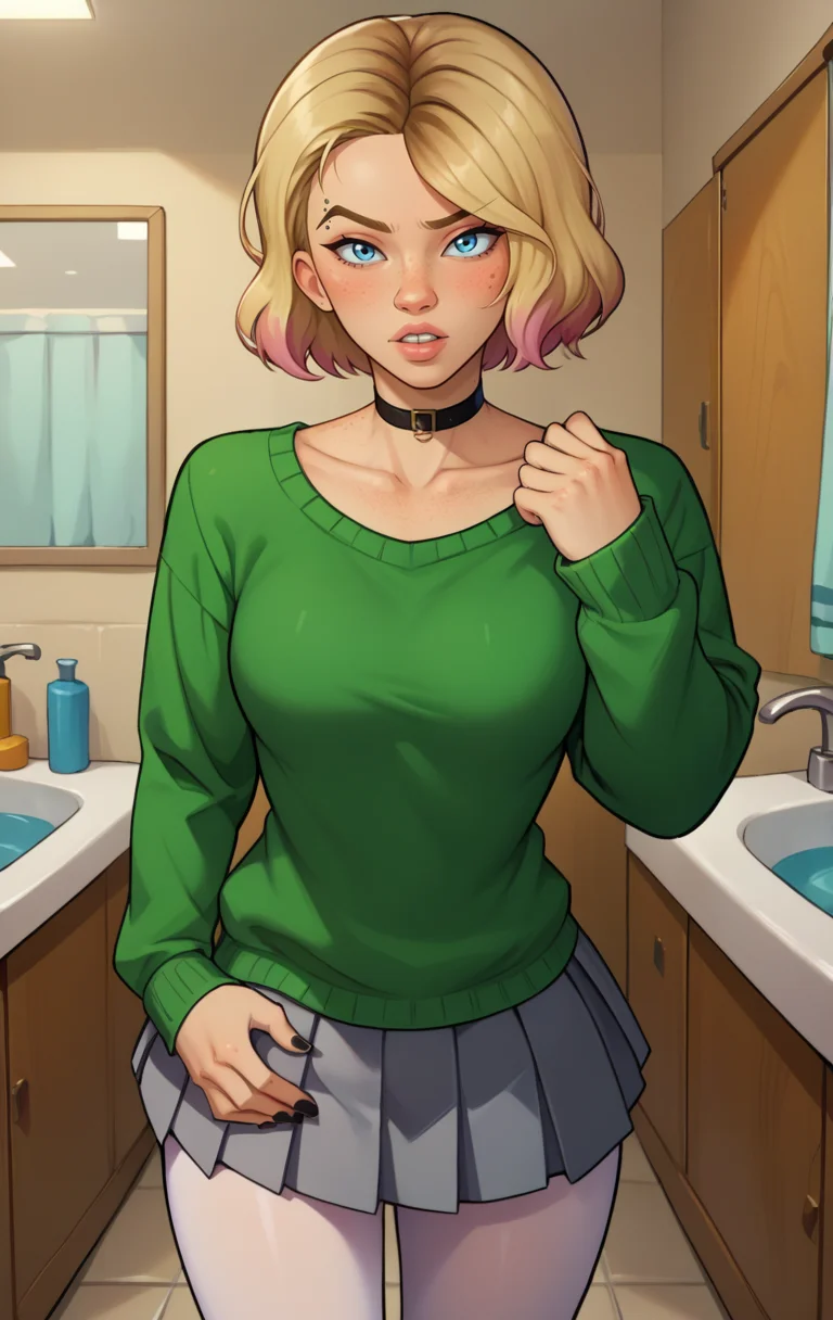 score_9, score_8_up, score_7_up, score_9, BREAK, <lora:GwenstacySDXL:1> GwenstacySDXL, 1girl, solo, looking at viewer, blush, short hair, blue eyes, skirt, blonde hair, shirt, long sleeves, standing, collarbone, pantyhose, cowboy shot, pleated skirt, teeth, choker, collared shirt, indoors, miniskirt, medium hair, nail polish, sweater, lips, sleeves past wrists, makeup, piercing, black nails, grey skirt, freckles, white pantyhose, bathroom, green sweater, eyebrow piercing, thick lips
