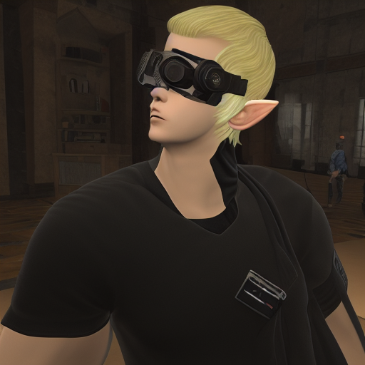 dt_xiv_style, solo, looking at viewer, short hair, blonde hair, 1boy, upper body, male focus, pointy ears, indoors, goggles, elezen, score_9, score_8_up, score_7_up, score_6_up, score_5_up, score_4_up,