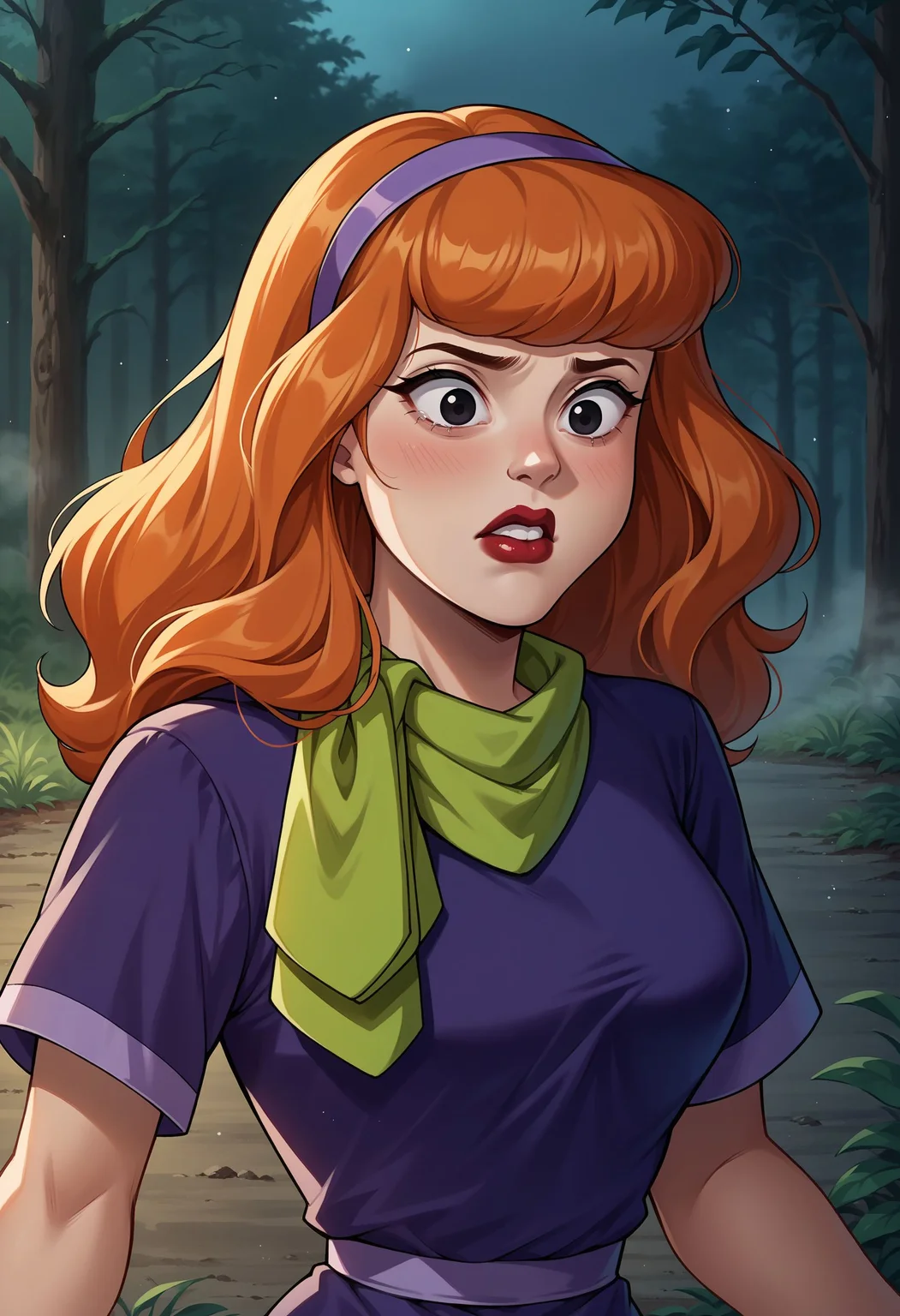 score_9, score_8_up,score_7_up, source_anime, 1girl, solo, <lora:EPsbdDaphne:1>, EPsbdDaphne, orange hair, long hair, black eyes, purple hairband, green scarf, purple dress, upper body, motion lines, motion lines, blurry background, makeup, red lips, 1980s \(style\), retro artstyle, outdoors, forest, night, scared, running, fog, horror \(theme\),