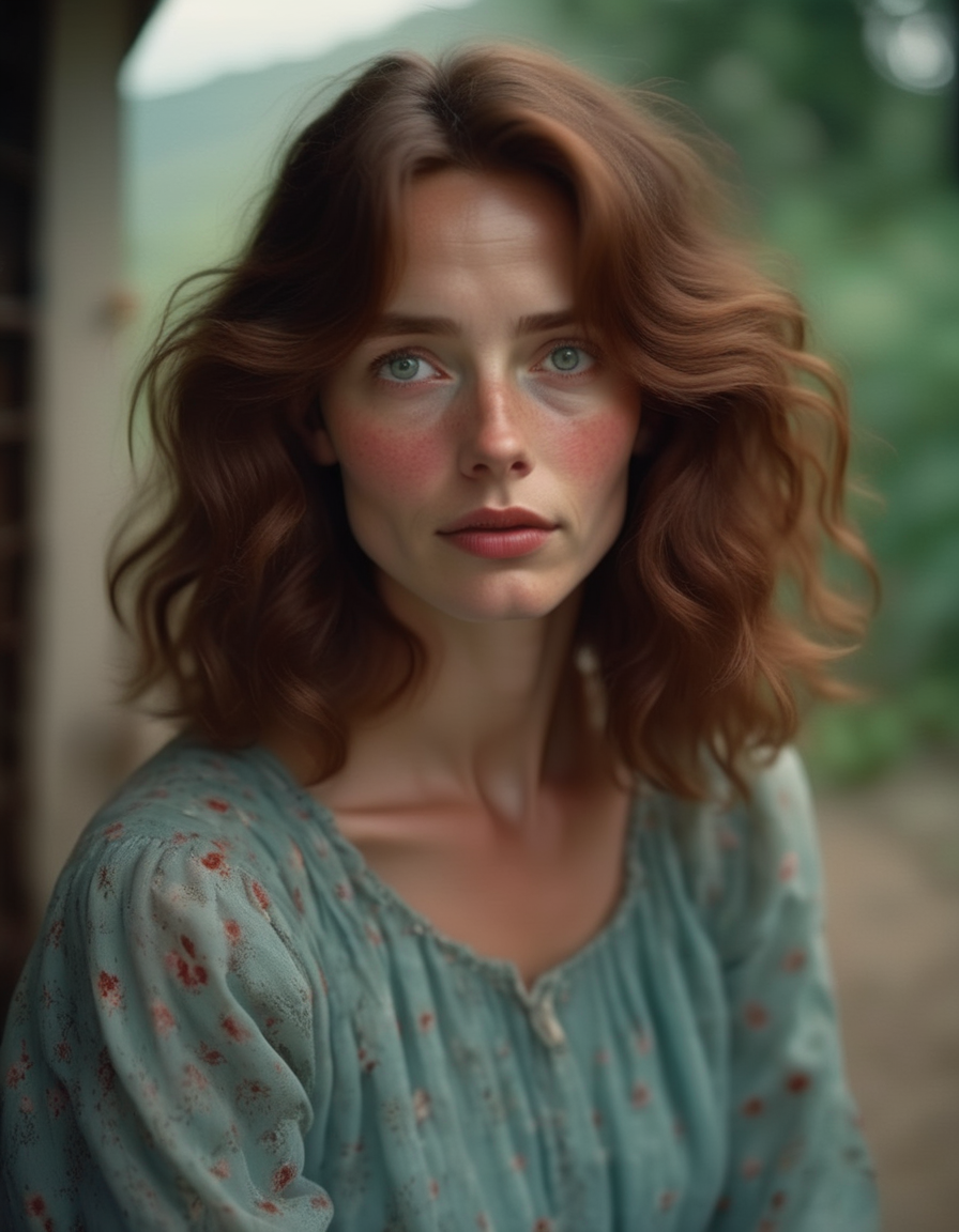 A wistful image of a woman with shoulder-length chestnut hair, her heart-shaped face turned slightly downward, her hazel eyes filled with nostalgia, her expression soft and contemplative, lost in memories. <lora:usual-portrait-v2:1>
