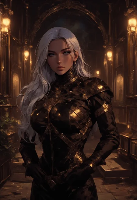 "Standing in the grand center of an opulent Drow elven hall, a striking female Drow elf exudes gothic elegance. Her long, flowing silver hair cascades down her back, framing her flawless, sculpted physique. Dressed in black and gold attire, the intricate design accentuates her athletic form while maintaining an air of dark sophistication. Her piercing gaze reflects an aura of power, her sharp features defined against the shadowy yet ornate surroundings. The hall is adorned with Drow motifs—sleek, dark architecture with subtle glowing patterns that evoke the twisted beauty of the underworld. The atmosphere feels hauntingly majestic, with an air of danger lingering in the sophisticated décor. Despite its elegance, this realm, inspired by the dark fantasy settings of forgotten realms and the antípoda oscura, evokes a sense of intrigue and power, matching the character’s formidable presence. The visual design recalls the intricate level of detail seen in top-tier fantasy games, blending gothic beauty with dark enchantment."