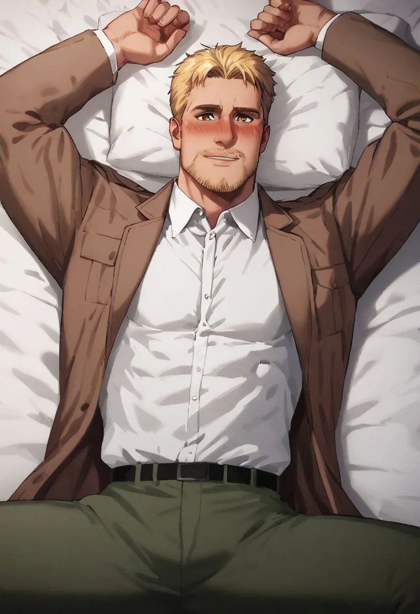 score_9, score_8_up, score_7_up, (solo man), Reiner Braun, blond hair, short hair, stubble, facial hair, hazel eyes, upper body, (lying on bed, on back, spread legs), masculine, handsome, charming, alluring, slight smile, lustful, blush, perfect eyes, (white collared shirt, military green pants, open fly), ((widely open brown trench coat, long sleeves)), black socks, perfect anatomy, perfect proportions, perfecteyes, arm rised